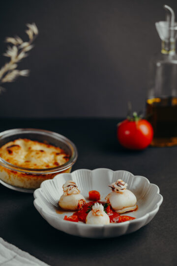 Gefüllter Tintenfisch/ Blumenkohl gratiniert