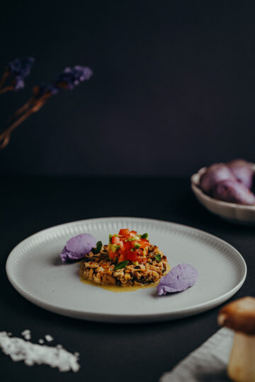 Blauer Kartoffel Püree / Pilz Ceviche